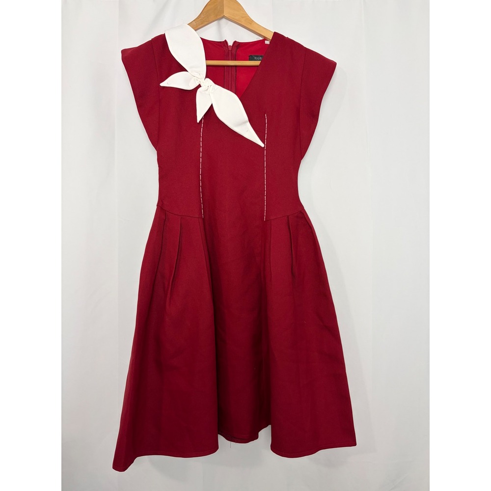 Red‎ Vintage Inspired Fit and Flare Dress Retro Bow Pleated Women's S Rockabilly